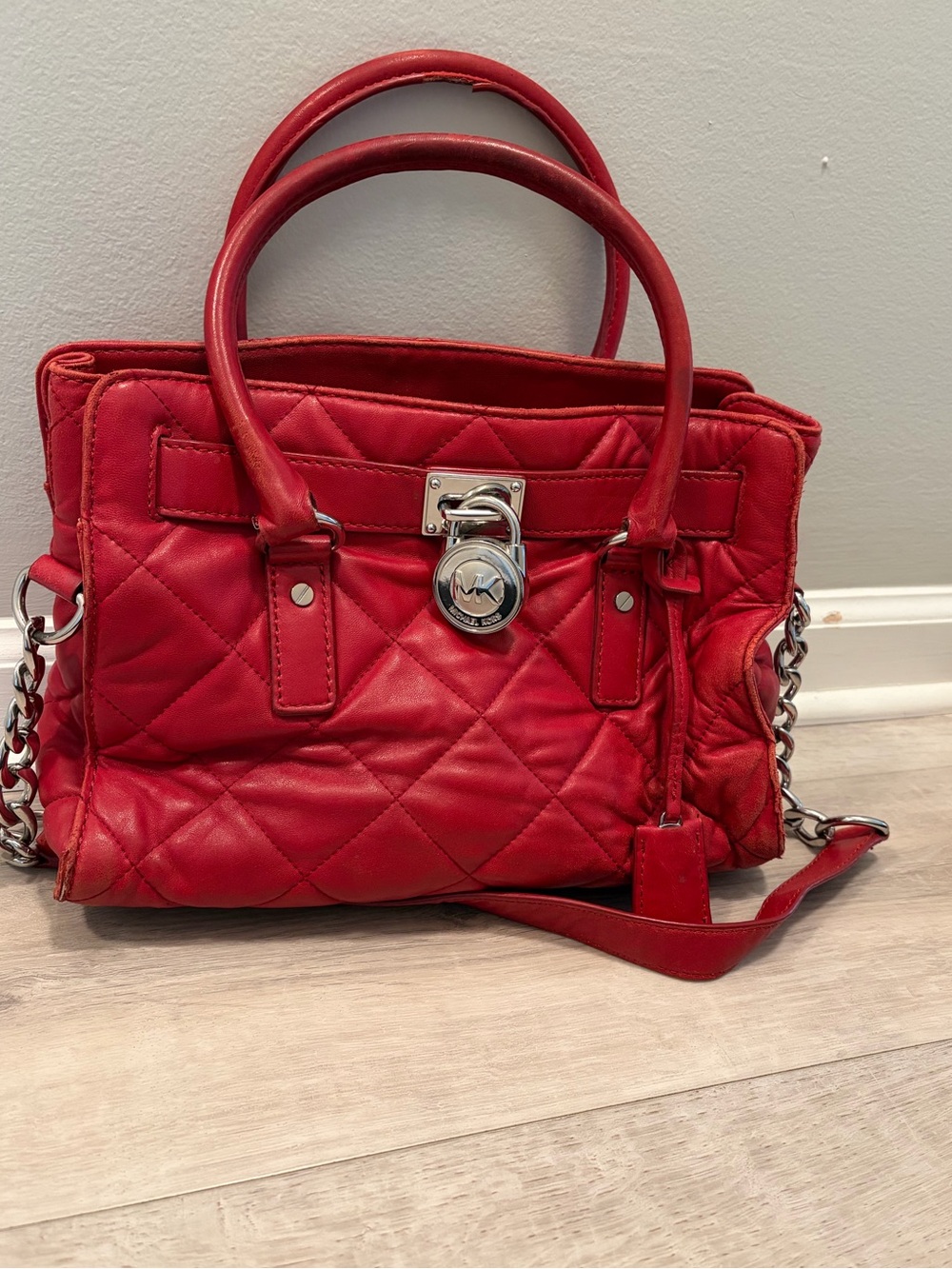 Michael Kors Red Quilted Leather Satchel with Silver Hardware